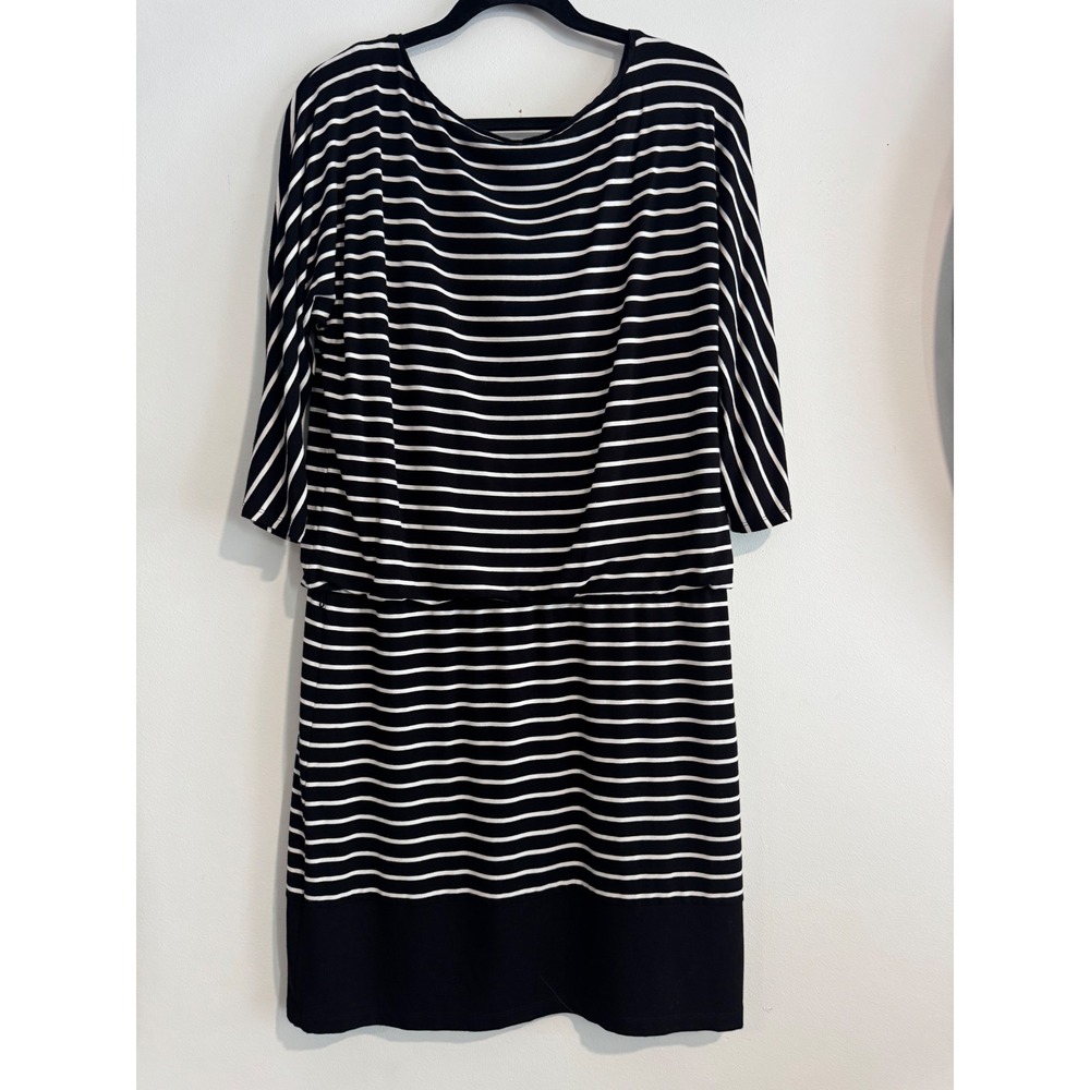 White House Black Market Striped Blouson Dress Women S Black White Button Cuff